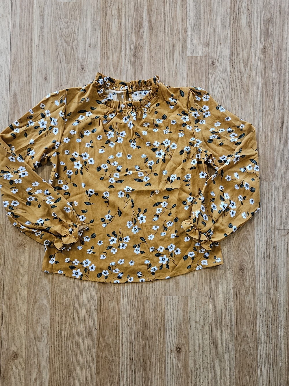 Mustard Floral Long-Sleeve Blouse W/ Ruffle Neck And Sleeves